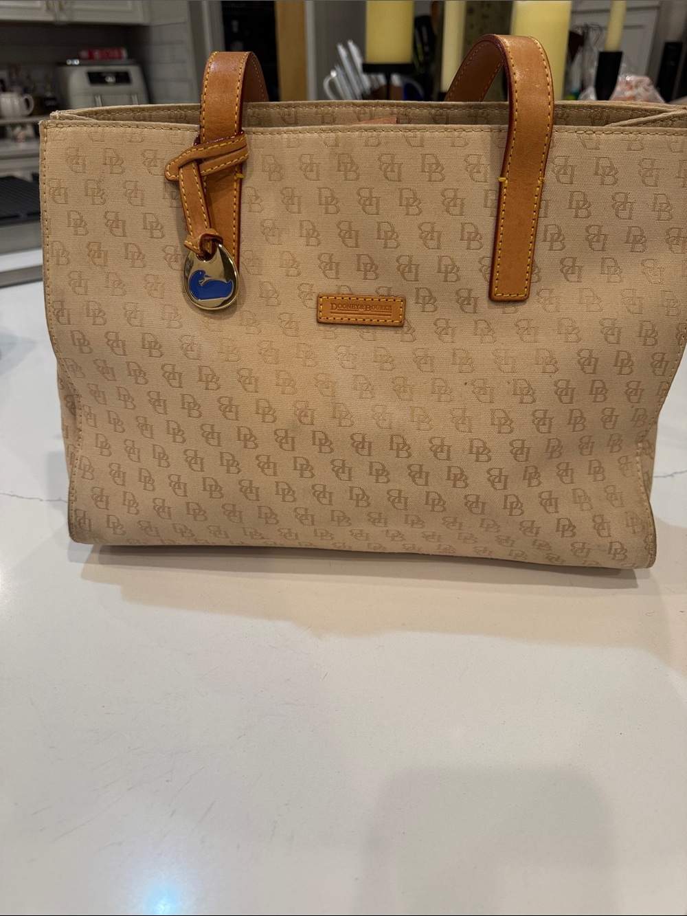 Dooney & Bourke Beige Monogram Tote with Tan Leather Handles